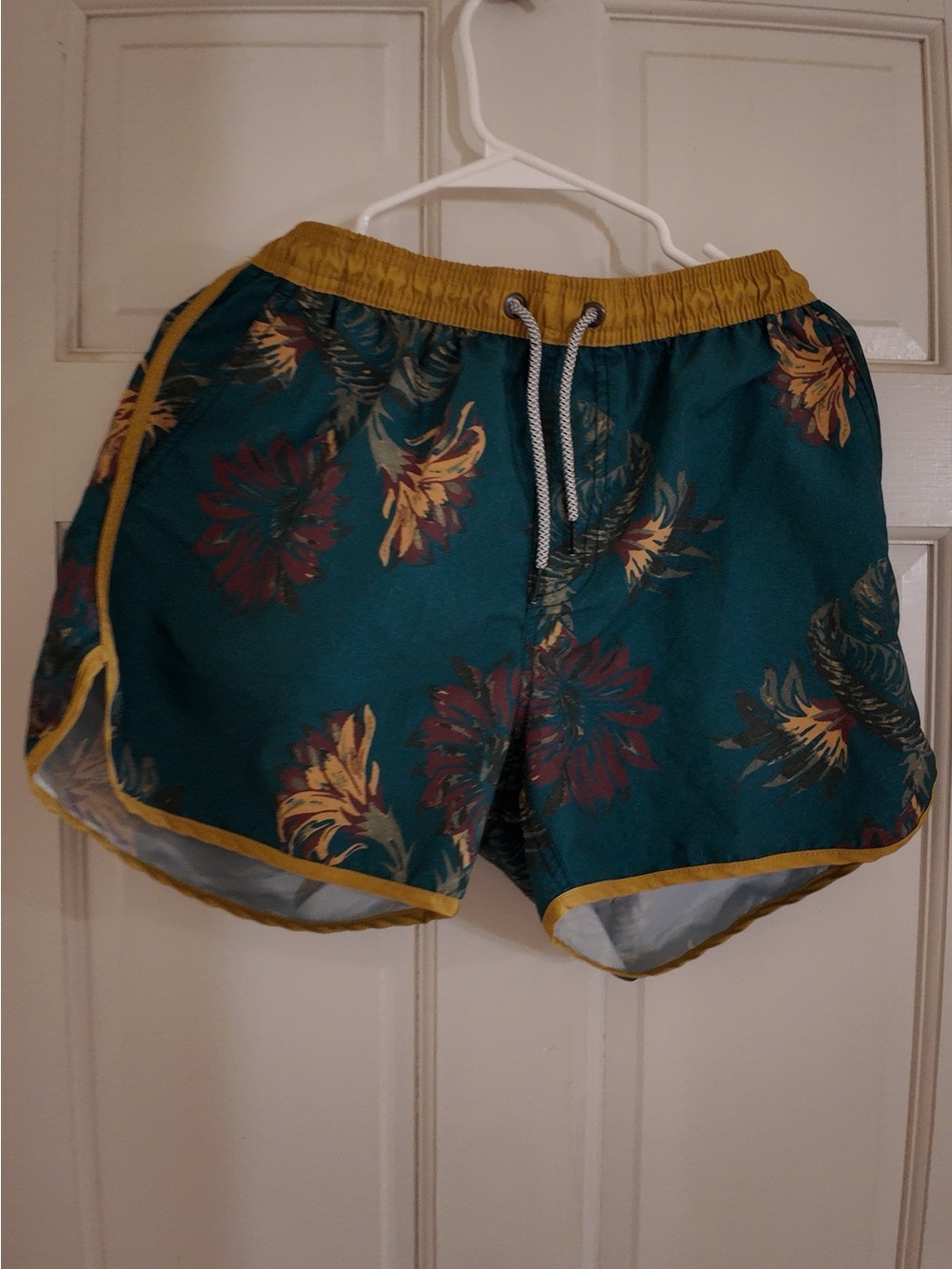 Men's Teal Floral Athletic Swim Shorts with Mustard Trim